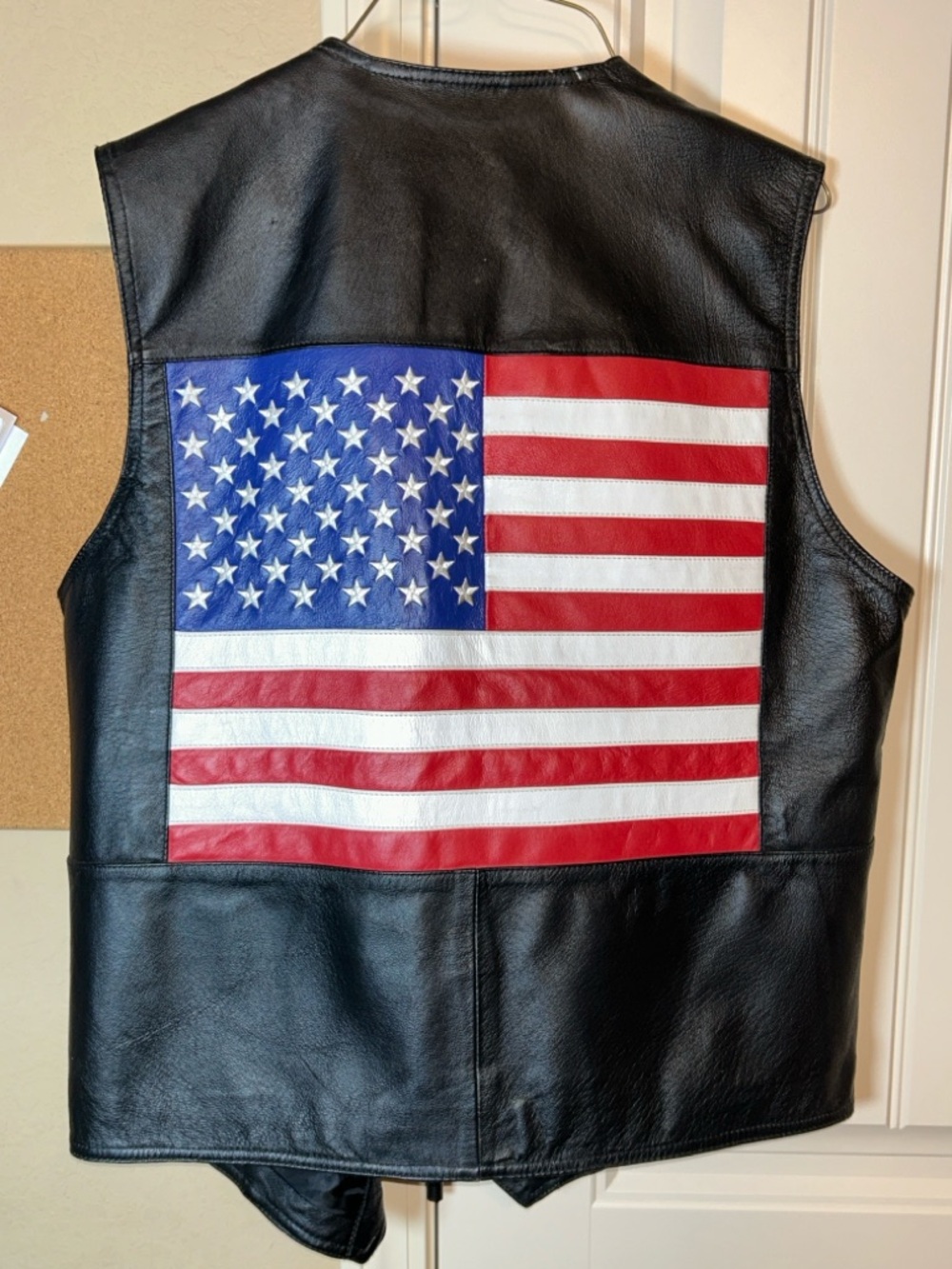 Black Leather Vest with Large American Flag Back Patch size Large